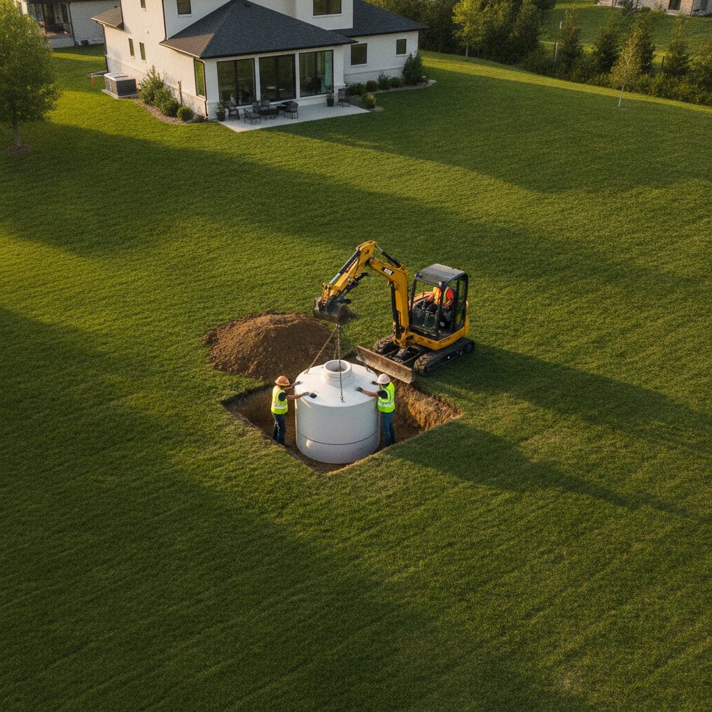 Professional septic tank installation site showing excavation work and modern wastewater treatment system being installed by certified technicians